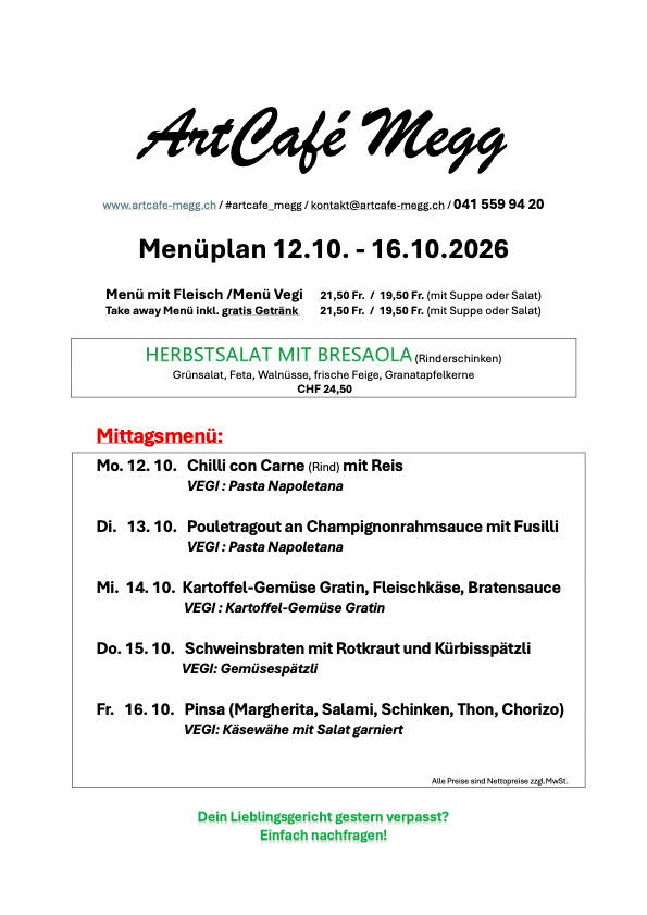 Aktuelles Wochenmenü des ArtCafé Megg